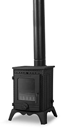 FLAME STOVES Poêle à bois et charbon en fonte | SCHOTT Robax Glass | Chambre de combustion durable GGG-40 | Capacité de chauffage de 50 m² | Double système d'air | Design éco-efficace