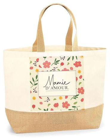 Planetee Sac Cabas en Jute Mamie d’Amour carré fleuri – Écologique et Durable Pratique et Touchant – Idée Cadeau Fête des Grands-Mères, Anniversaire, Noël – Design Imprimé en Bretagne –