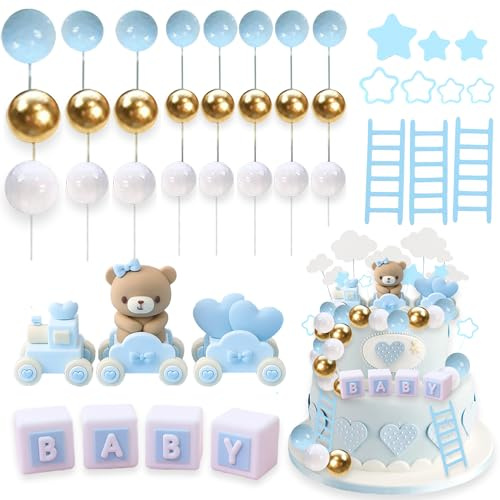 Baby Shower Cake Toppers 49pcs Blue Bear Train Cupcake Decorations Set | DIY ladders clouds stars hearts round balls with sticks, gender reveal, birthday party supplies for boy and mum to be