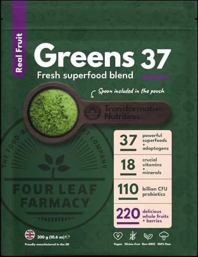 Greens Powder - Limited Edition - Made in UK with 37 superfoods - 300g High Dosage Servings - Vegan Gluten Free - with KSM-66® Ashwagandha and Lions Mane (300g, Real Fruit Blend)