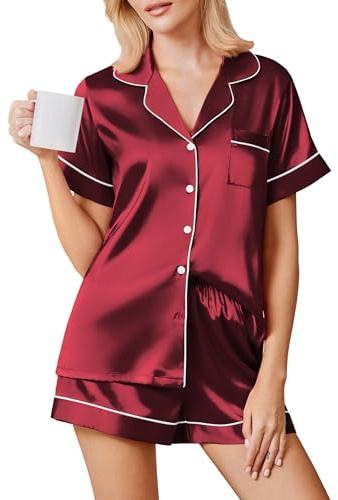 Ekouaer Pyjamas for Women Satin Pjs Set Two Piece Silk Pyjamas for Ladies Button Down Loungewear