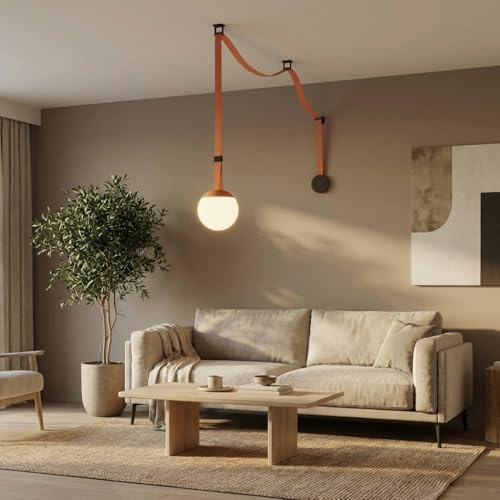 BARCELONA LED Axia 4 Lampada a Sospensione LED Sfera Opal 12W con Cintura Tessile Colore Mattone 5m, Grande Lampada a Sospensione Design Artistico, Minimalismo Industriale e Lusso Leggero2700K