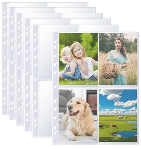 60 Pack A4 Fotohüllen mit 480 Taschen, Transparent Postkartenhüllen für A4 2/3/4 Ringbuch, Doppelseitiger Foto Seitenschutz mit 4 Fächern, Top Loading Fotoalbum Nachfüllseiten