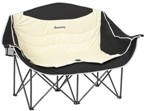 Outsunny Double Camping Chair for Adults with Armrests, Cup Holders, Khaki