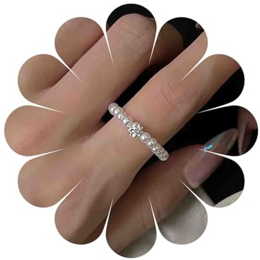 Cybche Vintage Crystal Pearl Ring Small Pearl Knuckle Finger Ring Wedding Stretch Pearls Beaded Rings Tiny Rhinestone CZ 70s 80s Disco Ball Rings Bridal Jewelry for Women