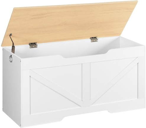HOOBRO Truhen, Sitzbank mit Stauraum, Spielzeugkiste mit Deckel, Truhenbank, aufbewahrungsbox, 2 Ringen, 100cm, Robust, Stabil, für Kinder, Flur, Wohnzimmer, Weiß, Natürliche Holzfarbe EWN771CW01