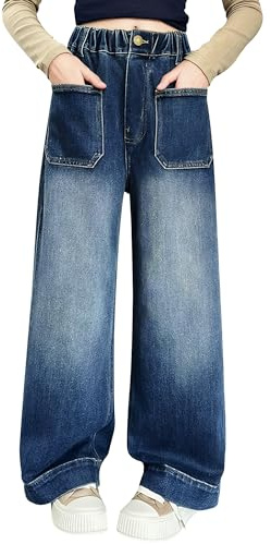 Domueay Jeans pour Filles Baggy Denim Pantalon Long avec Haute Taille Élastique, Loose Fit Doux Mode Casual Polyvalent Enfants Vetement Décontracté Ado Streetwear pour 9-10 Ans, Bleu