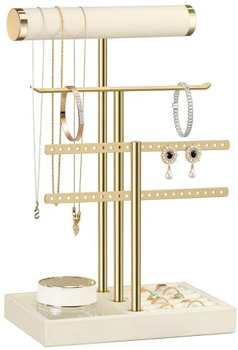 Kezidhp Schmuckständer 3-Etagen mit Abnehmbaren T-Stangen, Samt Schmuck Organizer für Armbander, Halsketten, Uhren & Ringe, Schmuckaufbewahrung Beige