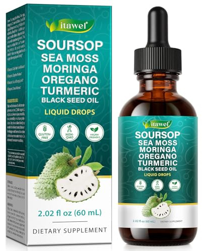 Soursop Bitters Liquid Drops 60ml – 10-in-1 Daily Herbal Wellness Formula with Soursop, Black Cumin Seed Oil, Sea Moss, Moringa, Turmeric, Oregano & Ashwagandha – Non-GMO, Natural Wellness Support