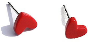 925 Sterling Silver V-shape Small Red Heart Stud Earring (Red)