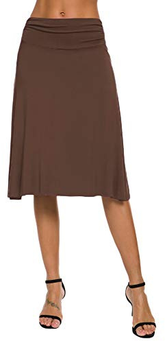 EXCHIC Donna Elegante Casual Elastico Midi Yoga Gonna Piega Media Vita Svasato A-Line Gonna(L, Coco)