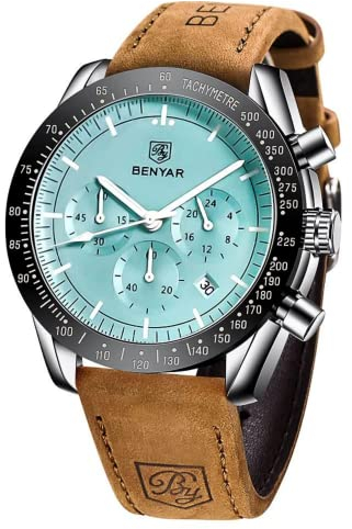 BY BENYAR Uhren Herren Chronograph Analog Quarz Braun Lederarmband Armbanduhr Herren Wasserdicht Leuchtende Datum Herrenuhr Mode Lässig Sport Business-Kleid Uhren fur Männer Elegantes Geschenk