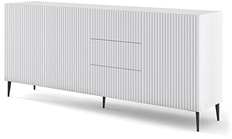 BIM Furniture Kommode mit 3 Schubladen 200 cm Breite - Sideboard mit Gefräster Front, Kommodenschrank, Schlafzimmerschrank mit Schwarze Metalltbeinen, 200x42x87 cm Weiß Matt