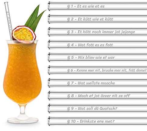 HALM Köln Karneval Glasstrohalme Lustige Fasching Sprüche | 6x 23 cm lang Strohhalme Köln Karneval Geschenkset mit gravierten Sprüchen | Cocktail Set Kölle Alaaf