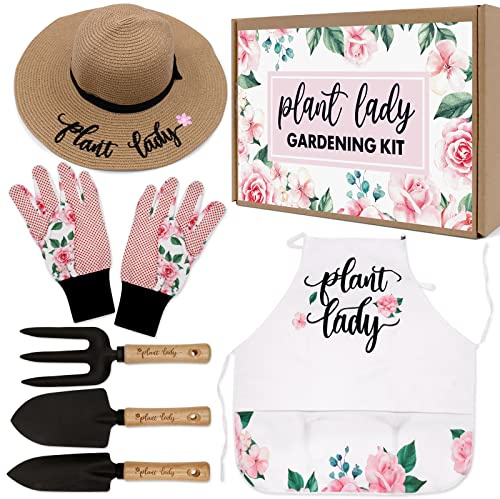 Kit di attrezzi da giardino con attrezzi per piantare, cappello di paglia, grembiule da fiori, guanti, cestino regalo per mamma, zia, nonna, primavera, giardino, scavare, orticoltura, set da 6