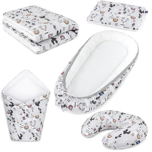 Peti Bebe Baby 5 in 1 Babynest + Bettwäsche + Bettkissen + Puckdecke + Fütterungskissen