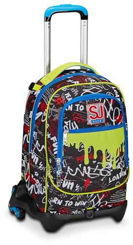 SJ Gang Trolley Scuola Jack 3 Ruote, Nero e Verde, Born To Fun, 3 in 1, Triplo Uso, Zaino Con Carrello Sganciabile, Tasca Porta Borraccia e Crossover System, Elementare, Bambino