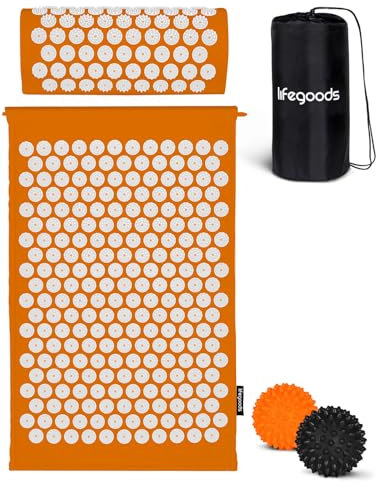 LifeGoods Tappetino Agopressione - Tappetino Massaggiante Corpo - Tappeto Agopressione - Mysa Tappetino Svedese - Mysa - Sfere da Massaggio e Borsa - Arancione e bianco