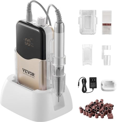 VEVOR Elektrischer Nagelbohrer bürstenloser 35000-U/min-Motor und Ladestation wiederaufladbarer E-Nagelfräser mit 6 Bits und 50-teiligem Schleifband für Acryl-Gelnägel Maniküre- und Pediküre-Polieren
