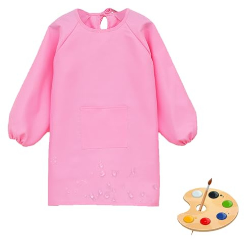Tablier de peinture pour enfants - Blouse de peinture pour enfants de 8 à 10 ans - Tablier d'école pour filles - Imperméable - Avec manches - Pour travaux manuels, peinture, pâtisserie, Rose, taille