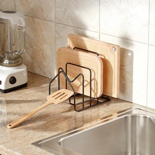 PAVSTINE Support pour planche à découper avec 4 compartiments, support de couvercle, tiroir pour couvercle de casserole, porte-cuillère, organiseur de cuisine pour couvercle de casserole de 16 à 34 cm