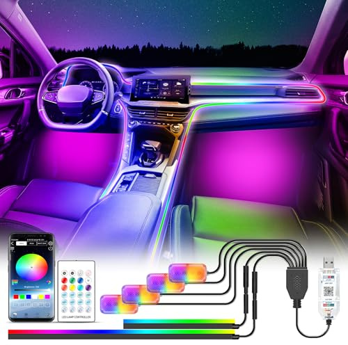 Wilktop - Iluminación led para interior de coche con USB, colores arcoíris RGBic, 210 modos intermitentes, 2 en 1, para consola central y 4 luces de suelo