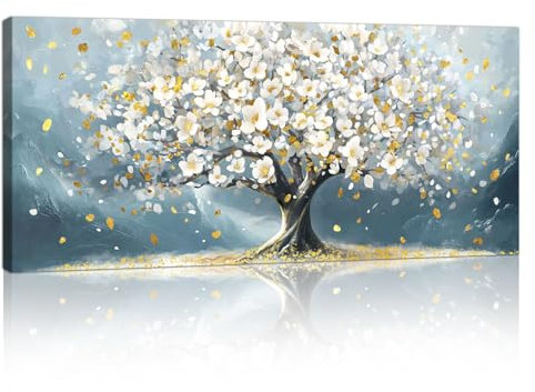 Grande Stampa su Tela Con Cornice Beige Fioritura Fiori Alberi Quadri Moderni Natura Bianco Fiori Blu Immagine pittura su tela soggiorno camera da letto ristorante Decorazione Murale 120x50cm