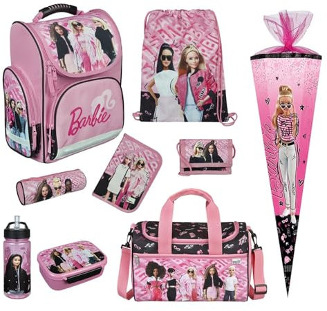Familando Schulranzen 1. Klasse · ergonomischer Tornister · Schultasche für Jungen und Mädchen (Komplett Set mit Schultüte, Barbie)
