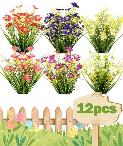 Zumhigh 12 Bundles UV Resistant Artificial Flowers, Multicolor Faux Plastic Plants for Outdoor & Indoor, Realistic Fake Flowers for Garden, Patio, Porch, Planter, Wedding, Party, Home Decoration
