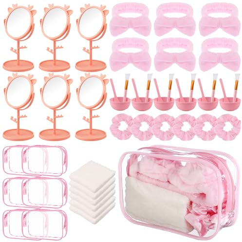 48 pièces Fournitures de fête pour nuitée pour filles Ensemble de bandeau et bracelet pour soins de la peau Favoris de fête pour nuitée, 6 masques pour le visage Bols à mélange 6 miroirs 6 bandeaux 6