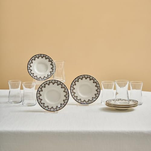 Karaca Florus Lot de 12 verres à thé, turcs, pour 6 personnes, verres à thé avec motif floral et bord bleu