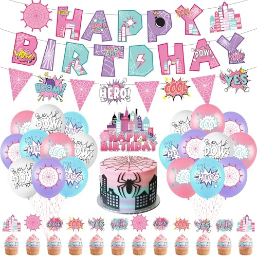Hero Party Decoration Hero Happy Birthday Banner Pink Spidey Theme Pennant Flag Banner Cake Toppers Latex Balloons for Spider Girl Birthday Baby Shower Party Supplies