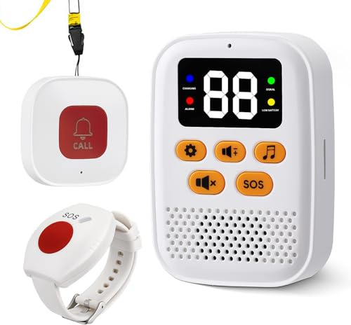 Wireless Personal Alarms for Elderly Panic Button, Rechargeable Caregiver Pager Call Button, Portable Nurse Alert System for Seniors Patients Disabled, Bracelet Button & Digital Display Receiver