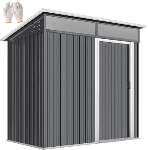Outsunny Metall Gerätehaus 1,9m² 195x122x182cm Geräteschuppen mit Fundament Pultdach Fenster Schiebetür Haken Handschuhe wetterfest Gartenhaus Outdoor Garten Schuppen für Hinterhof Garten Dunkelgrau