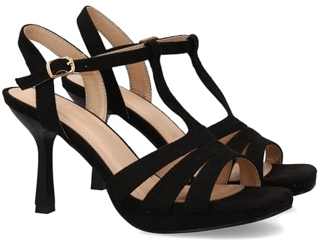 shoes&blues.es 94182 Sandalias de Tacon para Mujer, Diseno Comodo y Elegante con Tiras Cruzadas en la Pala con Cierre de Hebilla, Ideales para Primavera Verano. Negro Talla 39