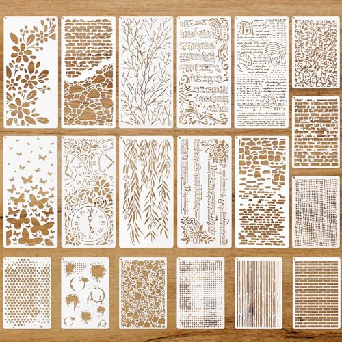 19 Pcs Stencils for Painting, Reusable Stencils for Crafts, Musical Notes Branches Floral Texture Template Drawing Layering Stencil for Painting on Wood Furniture Card Scrapbook Canvas
