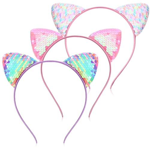 LXUEJIE 3 st kattenöron hårband, pailletter katthuvudband glitter katt hår ringar kattenöron huvudband kattenöron huvudbonad bling håraccessoarer för födelsedagsfest cosplay