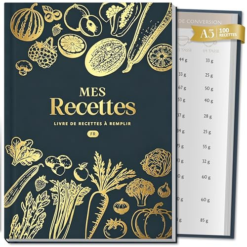 BIROYAL Carnet de Recettes à Remplir, Cahier de Recettes à Remplir, Papier 120g Anti-Traversant - Format A5, 100 Recettes 2 Pages Chacune, Avec Tableaux Conversion, Cadeau Pour Passionnés de Cuisine