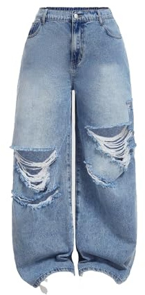 Vaimti Plus Size Women's Wide Leg Distressed Jeans, High Waist Ripped Denim Pants, Elastic Waist, Vintage Wash (UK, Alpha, 4XL, Plus, Regular, Blue)