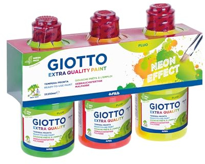 Giotto Extra Quality Fluo, Témpera lista para el uso, Botella Bio PET, 250ml, Colores fluo, 3 uunidades