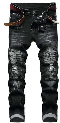 AITITIA Men's Biker Zipper Deco Washed Straight Fit Jeans, Black, 34