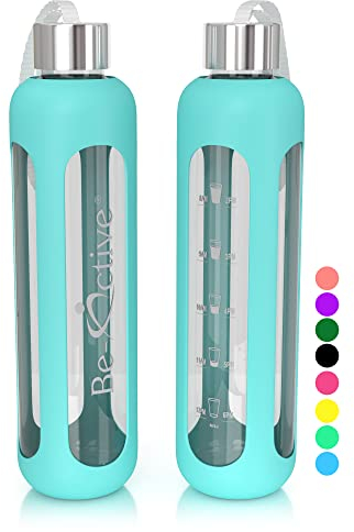 Be-Active 1L Glass Water Bottle – Time Markers, Leakproof Screw Lid, BPA-Free, Silicone Sleeve, Reusable Hydration Bottle for Gym, Office, Travel
