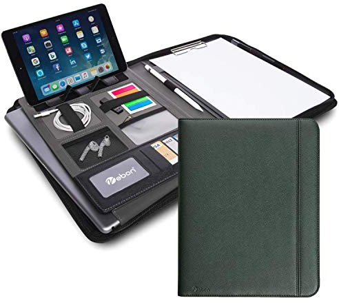 Vebon® Konferenzmappe A4 London aus Veganem Leder mit Reißverschluss I Schreibmappe + Laptoptasche I 2in1 I Grün I Smartphone Halterung + Klemmbrett