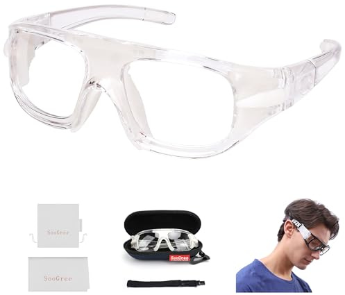 SooGree Sports Glasses, Basketball Football Soccer Racketball Goggles for Men & Women, Anti-Fog Safety Protective Eyewear （Transparent frame White pads