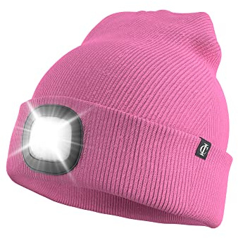 Idyllicomfort Led Lighted Beanie Hat,USB Rechargeable Hands Free Headlamp Cap, Unisex Winter Warmer Knit Hat with Light for Hiking Biking Camping Jogging, Gift for Men, Women, Teens Pink