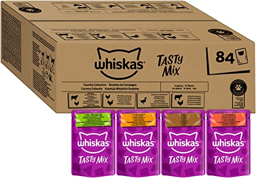 whiskas 1+ Adult Tasty Mix in Gravy 84 Pouches, Adult Wet Cat Food, Country Collection, Megapack (84 x 85 g)