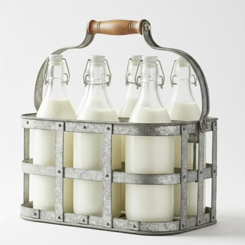 Almineez Galvanised Nostalgia 6 Milk Bottle Holder Metal Wire Tidy Farmhouse Crate Rack Carry Carrier Doorstep Store Drink Beer Wine Kitchen Storage Organiser Holder Caddy with Integrated Handle
