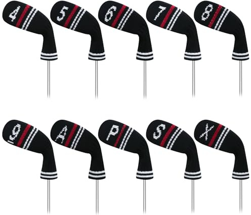 LeFeng Lot de 10 housses de tête de club de golf tricotées en matériau léger et durable Motifs multiples Rayures noires et rouges 4-9/A/P/S/X