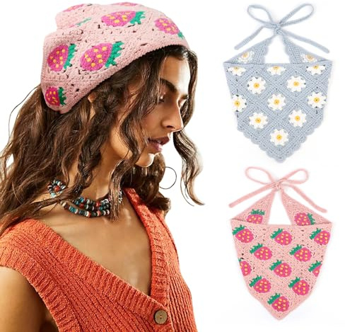 DRESHOW 2 PCS Crochet Hair Bandana Vintage Knotted Headscarf Strawberry Print Headband Knitted Head Kerchief for Women Girls