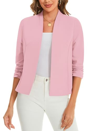 LADI TREND Women's 3/4 Ruched Sleeve Lightweight Summer Blazers Open Front Breathable Cardigan Casual Business Suits Jackets Graduations (Pink XL)